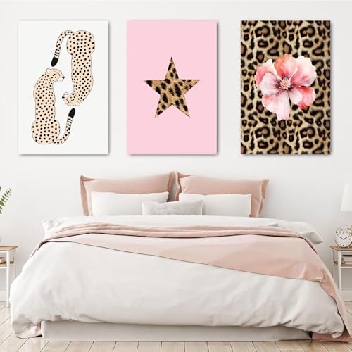 Pink Set of 3 Leopard Wall Art Prints Trendy Girly Cheetah Print Poster for Home Decor 16X24 in Unframed