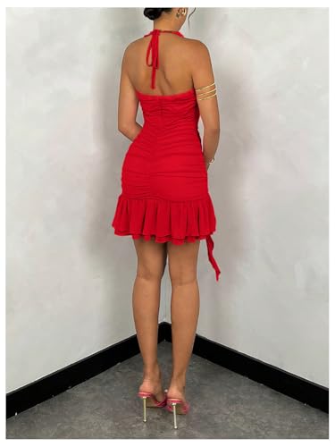 Women's 3D Floral Ruffle Mesh Halter Sleeveless Tie Backless Ruched Bodycon Mini Dress