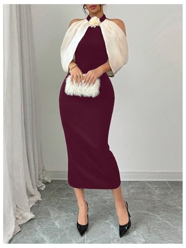 Women's 3D Floral Halter Dress Elegant Color Block Cold Shoulder Backless Bodycon Dresses