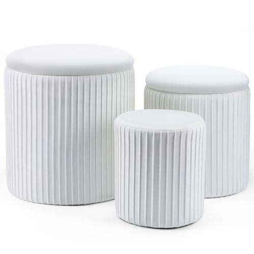 Set of 3 Velvet Round Storage Ottomans â€?Modern Upholstered Vanity Stool & Foot Rest with Hidden Storage