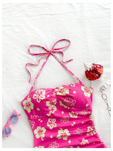 Women's Floral Print Halter Dress Sleeveless Drawstring Asymmetrical Hem Bodycon Dress