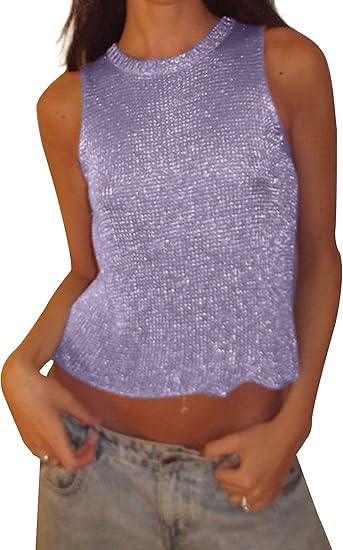 Women Sexy Fishnet Knit Glittering Crop Tank Top Sheer Mesh Sleeveless Crewneck Solid Slim Cropped Tops