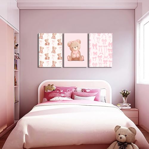 Pink Teddy Bear Wall Art Coquette Bow Wall Decor Pictures Cute Animal Nursery Canvas Posters Prints 3Pcs
