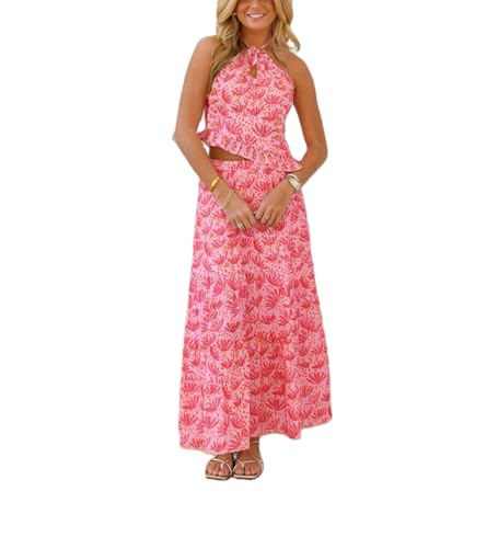 Womens 2 Piece Maxi Skirt Set Y2k Halter Ruched Cami Top Tiered Flowy Ruffle Skirt Outfit