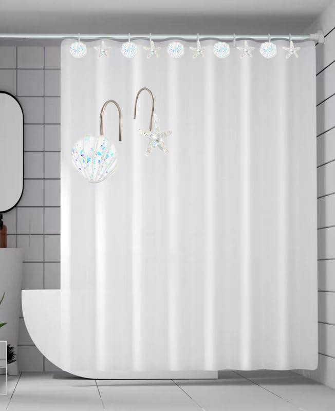 Seashell Shower Curtain Hooks, 12PCS Stainless Steel Anti Rust Starfish and Seashell Decorative Shower Hooks Ocean Theme Shower Curtain Hooks for Home Bathroom