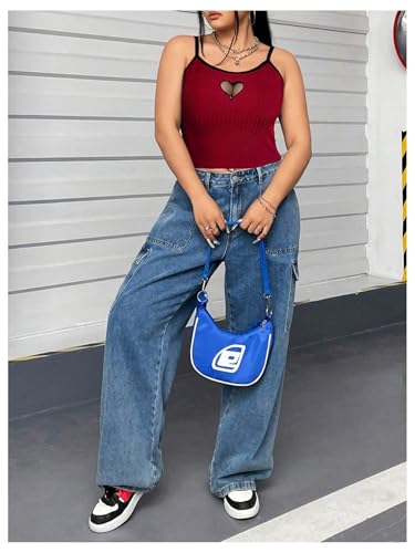 Women's Plus Size Cami Crop Tops Contrast Mesh Spaghetti Strap Summer Top