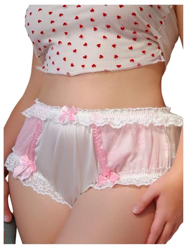 Women's Plus Size Satin Panty Brief Bow Front Lace Trim Breathable Silky Underwear