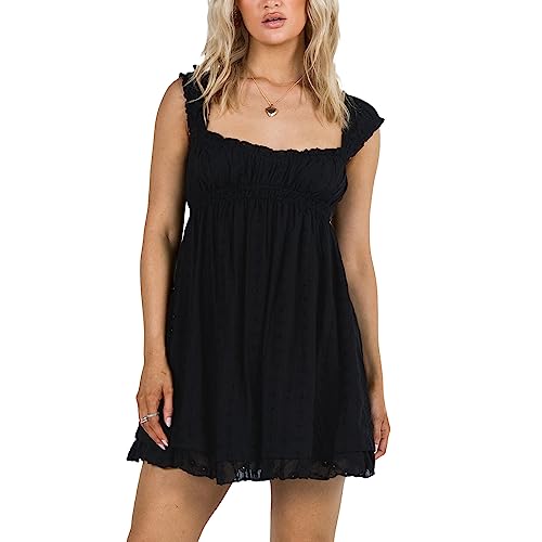 Womens Summer Sleeveless Floral Embroidery Loose A-line Dress for Beach Club Party