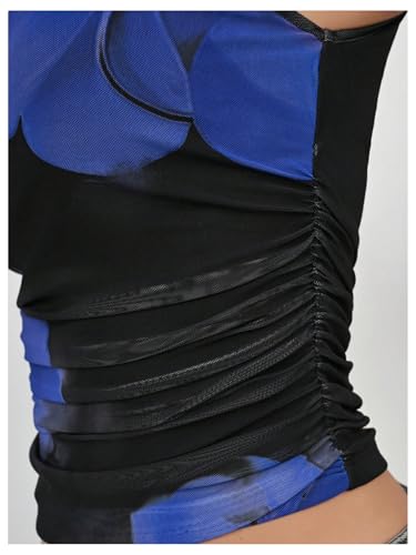 Women's Flower Print Mesh Top Sleeveless Mock Neck Ruched Tank Tops