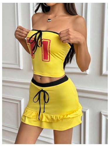 Women's Two Piece Outfit Number Print Strapless Tube Crop Tops and Ruffle Tiered Mini Skirt Set