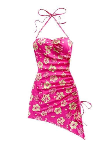 Women's Floral Print Halter Dress Sleeveless Drawstring Asymmetrical Hem Bodycon Dress