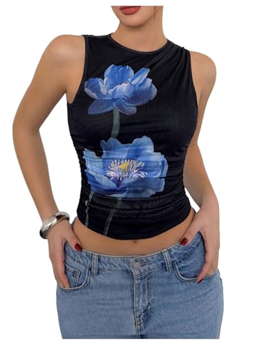 Women's Flower Print Mesh Top Sleeveless Mock Neck Ruched Tank Tops
