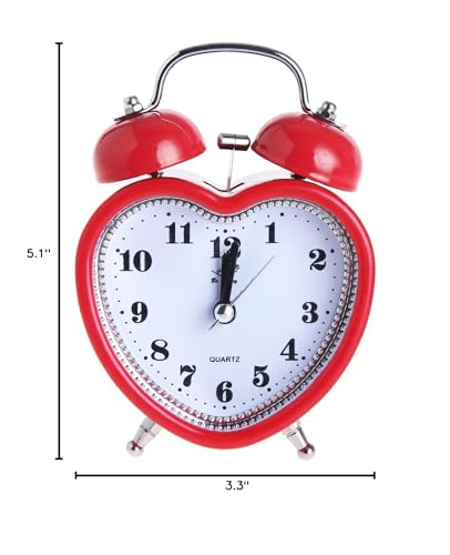 Cute Heart Shapes Twin Bell Loud Alarm Clock Silent Analog Quartz Nightlight Tableclock Battery Operated for Kids, Seniors, Heavy Sleepers, Decorations for Bedroom, Living Room 3 Inches