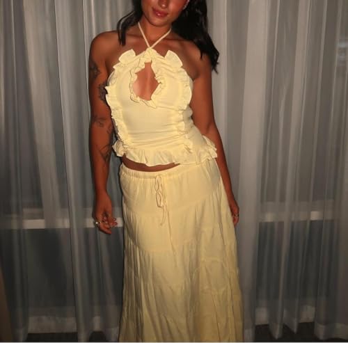 Womens 2 Piece Maxi Skirt Set Y2k Halter Ruched Cami Top Tiered Flowy Ruffle Skirt Outfit