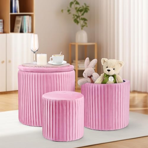 Set of 3 Velvet Round Storage Ottomans â€?Modern Upholstered Vanity Stool & Foot Rest with Hidden Storage