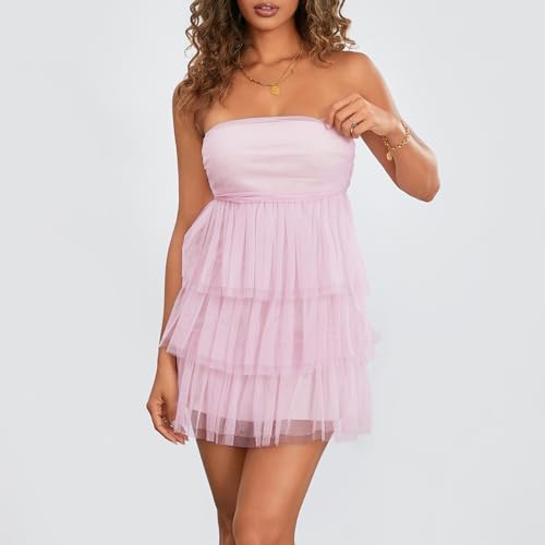 Women Strapless Tiered Dress Y2k Off Shoulder Ruffle A Line Tube Mini Dress Club Party Short Dresses