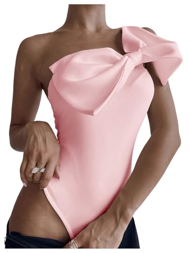Women's One Shoulder Sleeveless Big Bow Front Elegant Fitted Tank Top Bodysuit