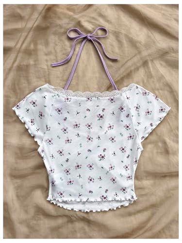 Women's Contrast Lace Halter Neck Lettuce Trim Casual Crop Tee Tops