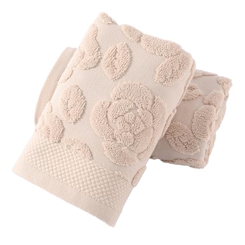 Rose Hand Towel Set of 2 Super Soft 100% Cotton Embossed Floral Pattern Highly Absorbent Decorative Bath Hand Towels for Bathroom 13x 29 Inch