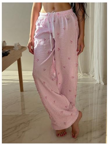 Women's Plus Size Striped Bow Print Pants Drawstring Waist Wide Leg Pants