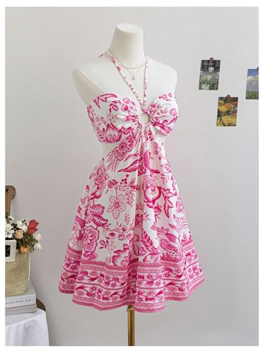 Women's Floral Halter Neck Vacation Dress Sleeveless Cut Out Boho Cami Dress