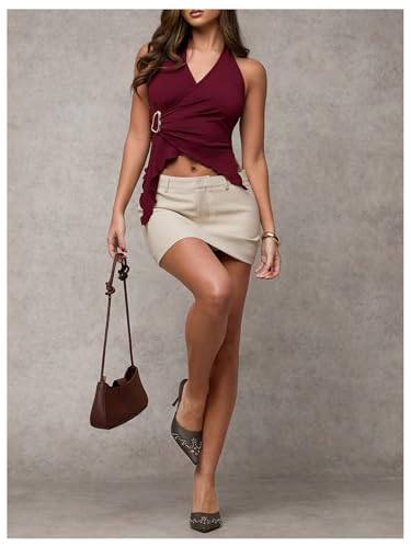 Women's Wrap V Neck Buckle Halter Top Ruched Asymmetrical Sleeveless Tops