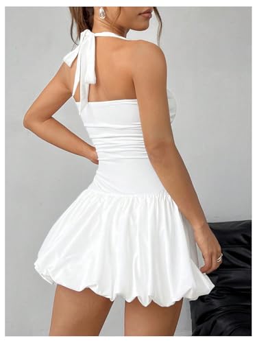 Women's Bubble Mini Dress Halter Backless Ruched Y2K Short Sundress with Built-in Shorts
