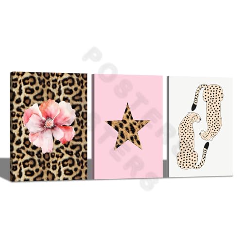 Pink Set of 3 Leopard Wall Art Prints Trendy Girly Cheetah Print Poster for Home Decor 16X24 in Unframed