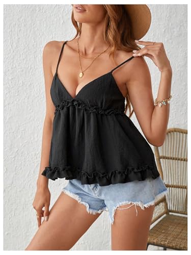 MakeMeChic Women's V Neck Spaghetti Strap Camisole Sleeveless Ruffle Hem Y2K Tank Tops