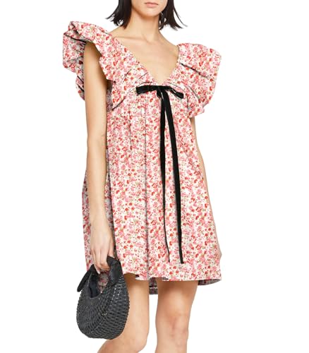 Women's Mini Dress V Neck Puff Sleeve Dress Short Babydoll Bow Dress