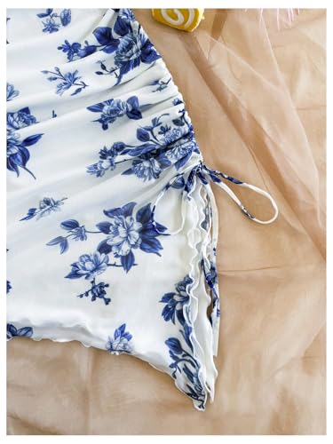 Women's Floral Print Tube Dress Ruched Drawstring Slit Hem Mini Dresses