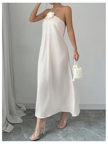 Women's 3D Floral Halter Dress Criss Cross Backless Sleeveless Maxi Dresses