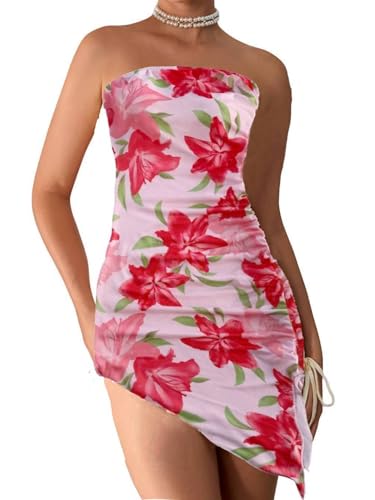 Women's Floral Print Tube Dress Ruched Drawstring Slit Hem Mini Dresses