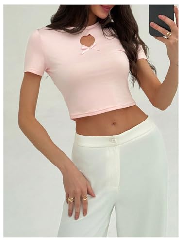 Women's Y2k Crop Tops Short Sleeve Shirts Heart Cutout Bowknot Fitted Going Out T-Shirt