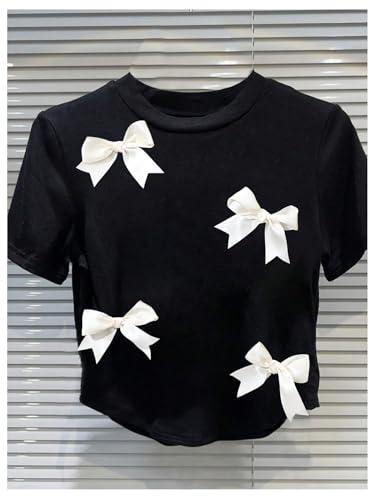 Women's Coquette Bow Tops Cute Short Sleeve Round Neck T Shirt