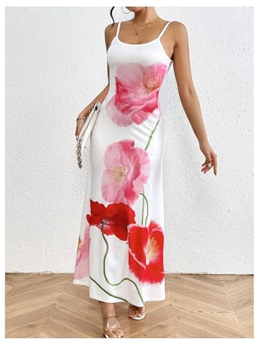 Women's Floral Print Backless Maxi Dress Scoop Neck Sleeveless Spaghetti Strap Dresses