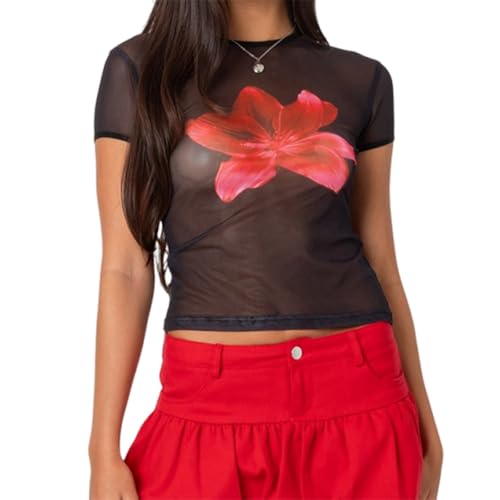 Women Hawaii Baby Tees Y2K Short Sleeve Crewneck Aesthetic Graphic Slim Fit Crop Tops