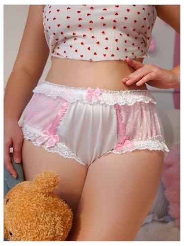Women's Plus Size Satin Panty Brief Bow Front Lace Trim Breathable Silky Underwear