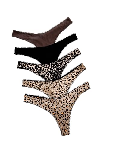 Women's 5 Pack Leopard Print Thongs Low Rise Panties Underwear Sets
