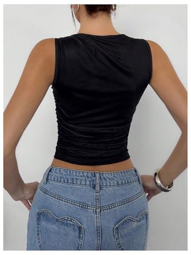 Women's Flower Print Mesh Top Sleeveless Mock Neck Ruched Tank Tops