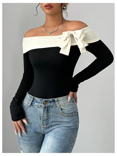 Women's Colorblock Bow Tie Off Shoulder Long Sleeve Bodysuit Elegant Tops