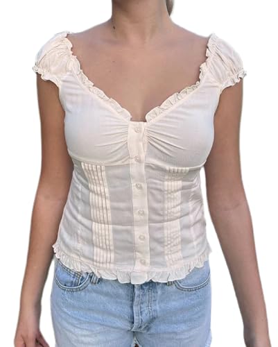 Y2K Short Sleeve Babydoll Tops for Women Cute Aesthetic U Neck Teen Girls Tshirt Ruffle Hem Patchwork Peplum Shirts