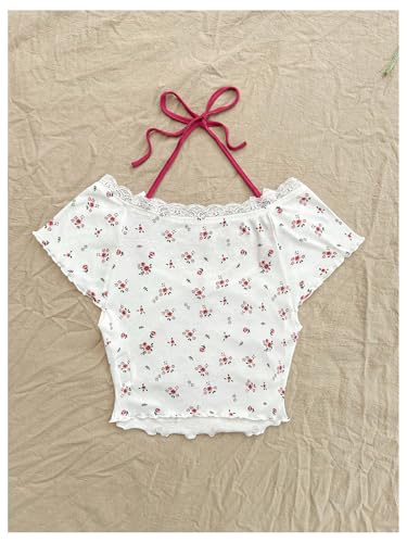 Women's Contrast Lace Halter Neck Lettuce Trim Casual Crop Tee Tops