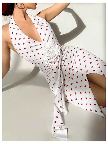 Women's Polka Dots Halter Dress High Split Deep V Neck Backless Bodycon Maxi 3D Flower Dresses