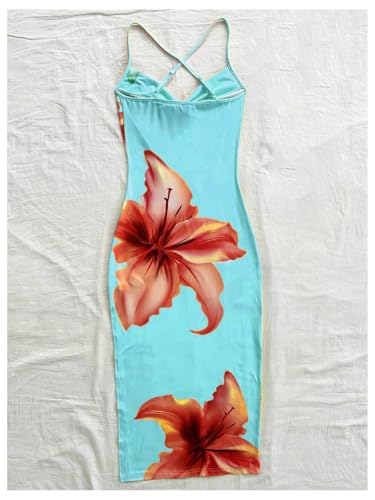 Women's Floral Print Split Thigh Bodycon Dress Criss Cross Skinny Long Cami Dresses