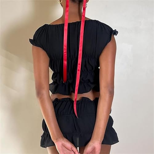 Women's Sexy Ruffle 2 Piece Sets Short Sleeve Bow Tie Front Crop Tops and Smocked Ruched Shorts Loungewear