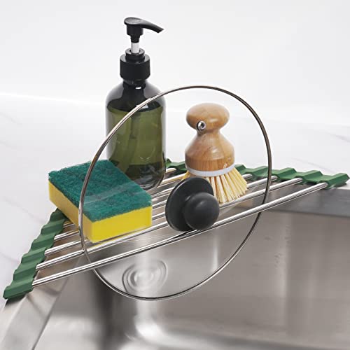 Triangle Foldable Dish Drying Rack, Small Roll-Up - Stainless Steel Over Sink Drainer for Kitchen Sink Corner, Rustproof