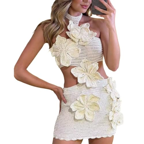 Women Halter Hollow Out Knitted Mini Dress Sexy Crochet 3D Flower Mini Dress