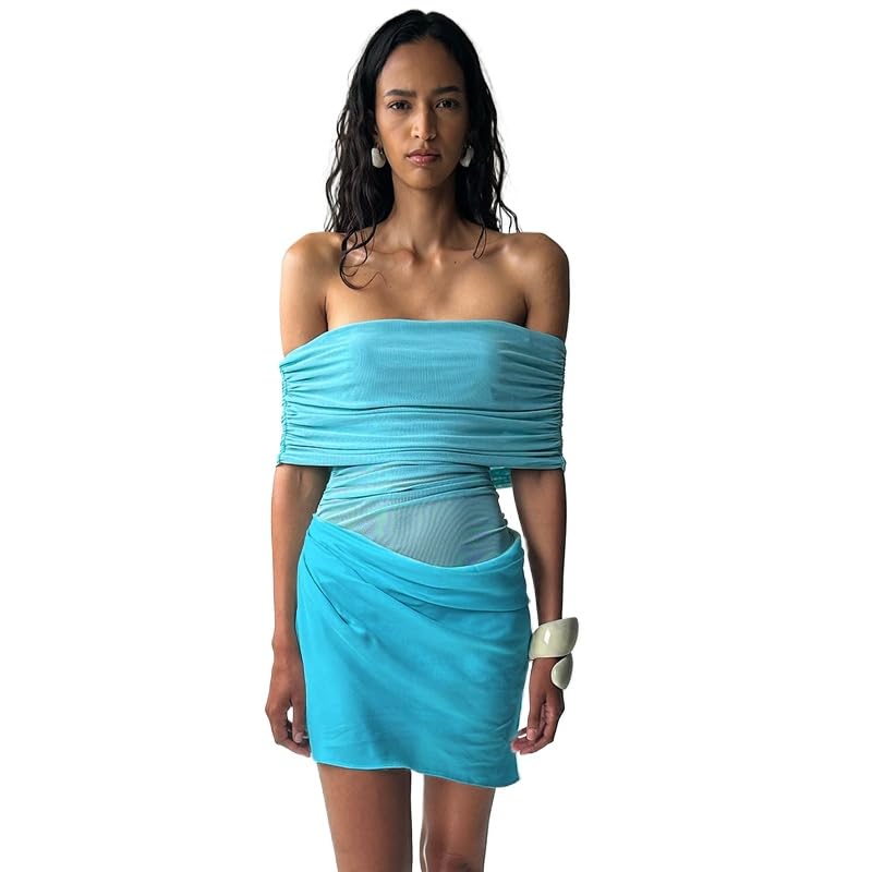 Women Off Shoulder Bodycon Maxi Dress Layered Mesh Ruched Hollow Out Dresses