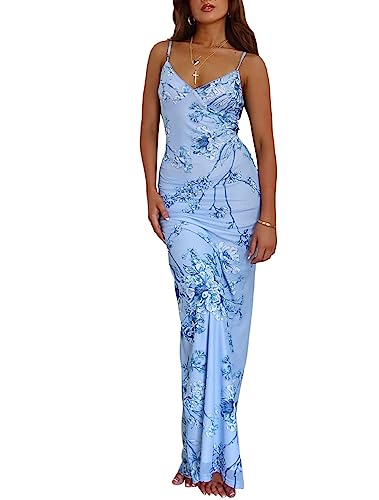 Women Vintage Spaghetti Strap Maxi Dress Sexy Low Cut Backless Floral Satin Slip Long Dress Y2k Cami Bodycon Dresses
